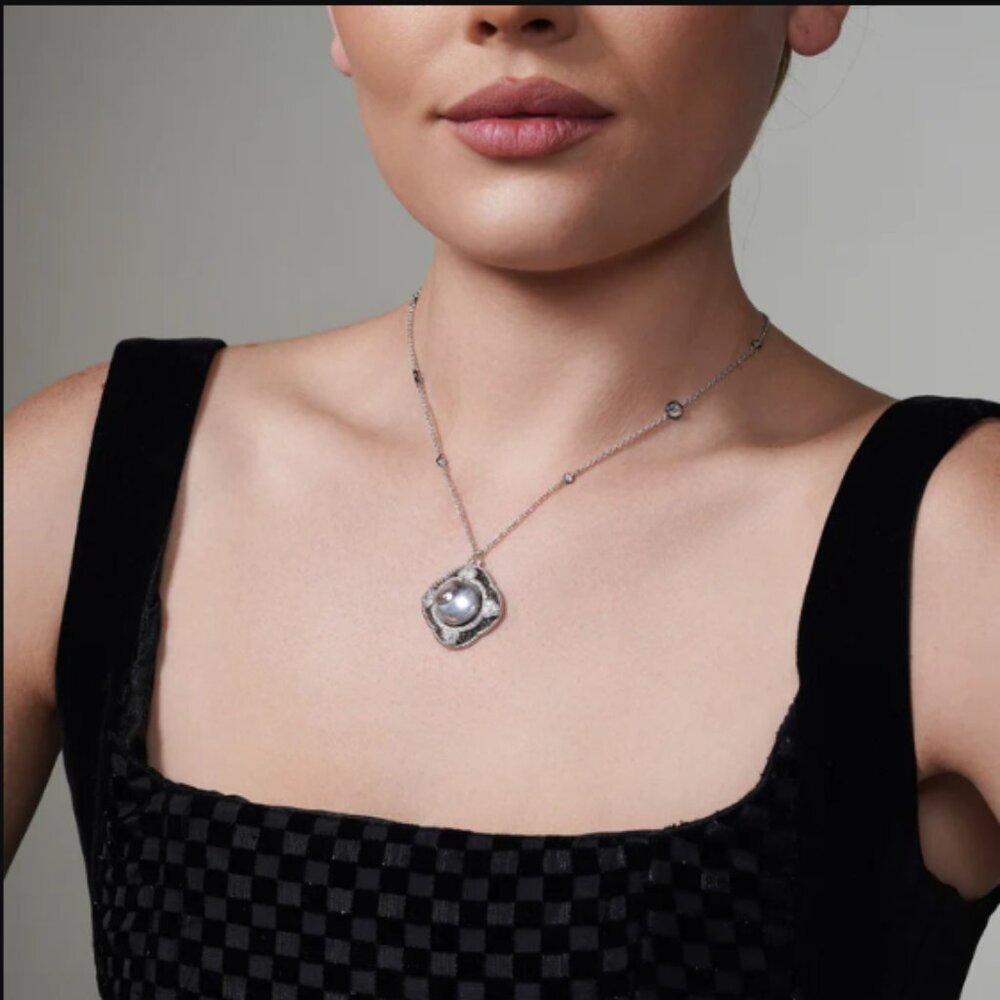 Sterling Silver 925 Rhodium Plated Clear CZ Pearl Pendant Necklace